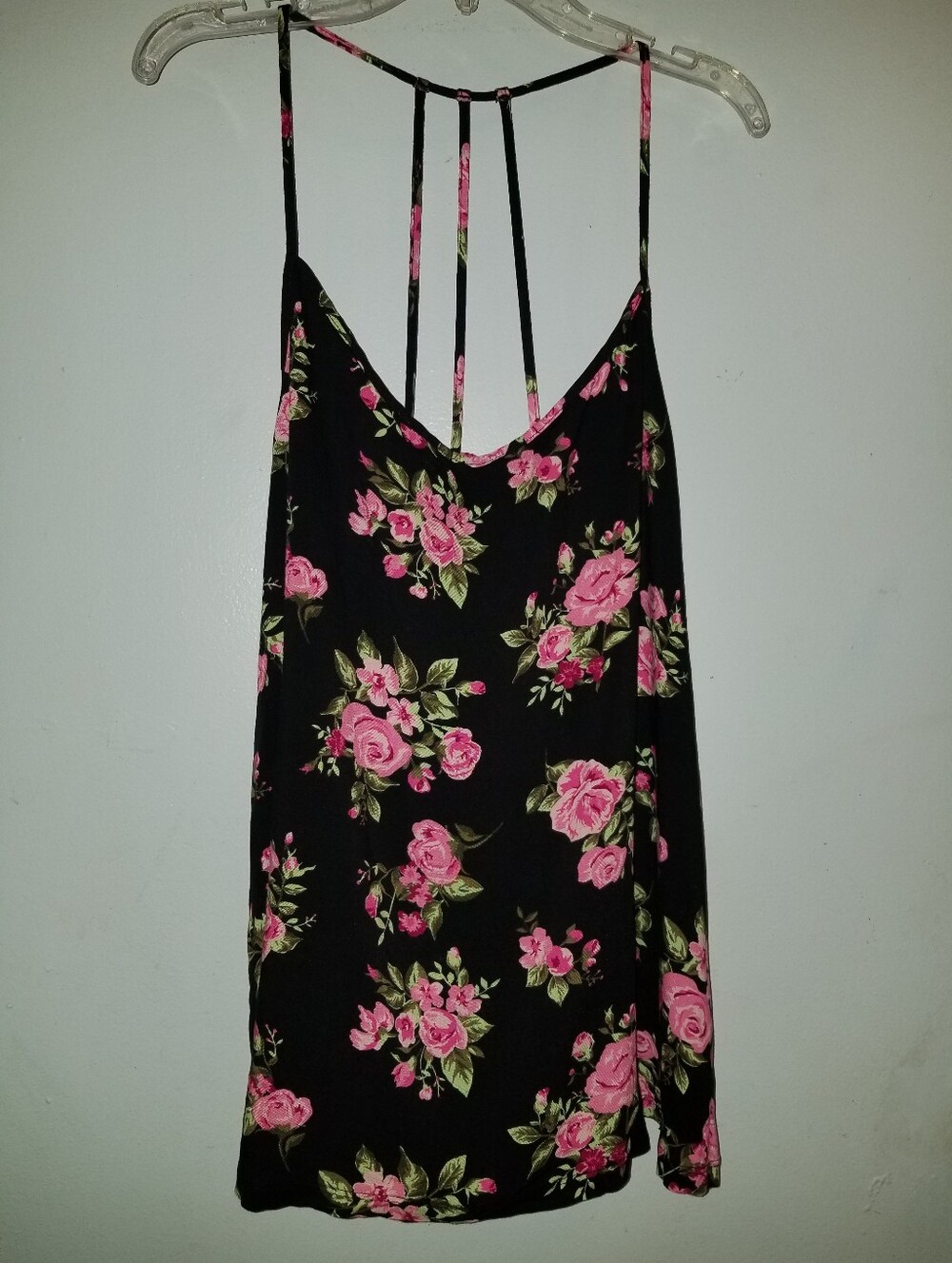 Black Floral Strappy Camisole with Pink Green Floral Roses XL 15 17